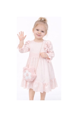 İrem Çocuk Giyim Kız Çocuk Güpürlü Balon Kol Model Bilekleri Lastikli Peluş Çantalı Pudra Renk Midi Boy Elbise Pudra