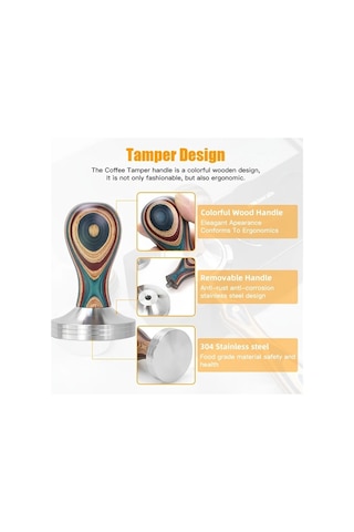 Motion003 58mm Kahve Dübeli Alıkısscafe Premium Kahve Dizgisi 304 Paslanmaz Çelik Çıkarılabilir Düz Taban Renkli Ahşap Sap Espresso Demleme Aracı Ahşap