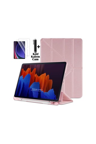 Lenovo Idea Tab Pro 12.7 Inç 2025 Tablet Kılıf Kalem Bölmeli Standlı Silikon Kapak + Ekran Koruyucu Cam Set