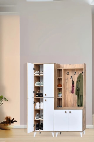 İnci Atlantik Çam Beyaz Portmanto Takımı 9 Raflı 4 Kapaklı Askılık Ve Ayakkabılık 140x37x195 Cm