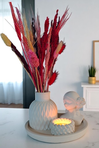 Dekoratif 4 Parça Vazo Seti - Vazo, Yuvarlak Tepsi, Tealight Mumluk, Dekoratif Kız Beyaz