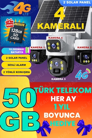Kadraj X34b 4 Kameralı, 4g Sim Kartlı, 2 Solar Panel Destekli, 50gb Türk Telekom M2m Hat li