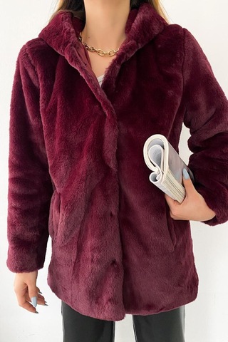 Femelle Kadın Bordo Astarlı Peluş Kapüşonlu Kürk Kaban Mont Kürk