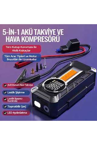 Araç Akü Takviye Cihazı Hava Kompresörü 1000a 150 Psı 8000 Mah Şarjlı Lastik Şişirme Powerbank Led Işıklı