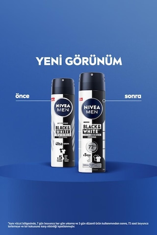 NIVEA MEN Erkek Sprey Deodorant Black & White Invisible Original 150 ML, 72 Saat Anti-Perspirant, X5 Adet