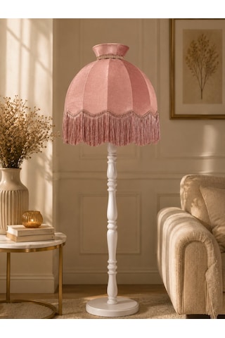 Pembe Kadife Başlık Beyaz Ahşap Ayaklı Taçlı Lambader Vintage Model 50x170cm