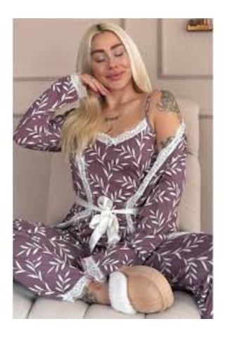 Dgestivaa Kadın 3'lü Pijama Takımı Mor Beyaz