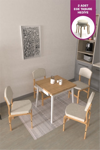 Vilinze Ege Sandalye Avanos Ahşap Mdf Kanatlı Mutfak Masası Takımı - 70x70+70 Cm Kırık Beyaz