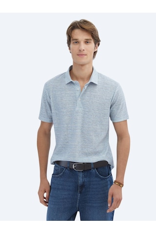 Kip Mavi Baskılı Polo Yaka Pamuk Karışımlı T-shirt Mavi