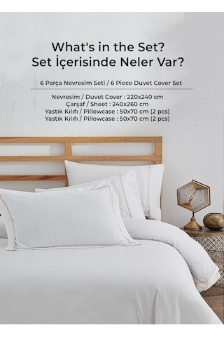 300 Tc King Pamuk Saten Nakışlı Nevresim Takımı Battal Çift Kişilik 6 Parça Krem Kırık Beyaz Secret