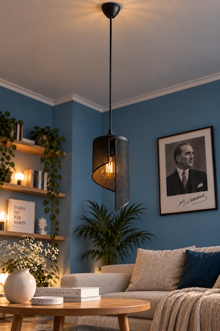 Spiral Tekli Sarkıt Avize Modern Özel Tasarım Salon Mutfak G95 Rustik Led Ampul Hediyeli Siyah
