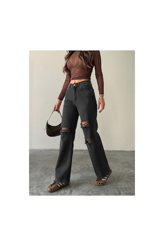Blue Marlın Çift Diz Lazer Yırtık Boyfriend Bol Paça Jeans Siyah