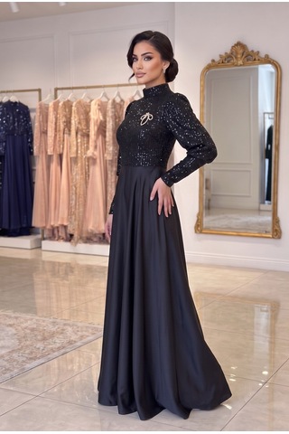 Dorne Moda Üstü Pul Paletli Altı Saten Kloş Detaylı Mezuniyet Ve Nişan Abiye Elbise Siyah Siyah