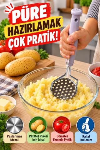 Metal Patates Ezici Püre Yapıcı Domates Sebze Ezme Aparatı Paslanmaz Çelik 25 Cm 8 Cm Mutfak Gereci