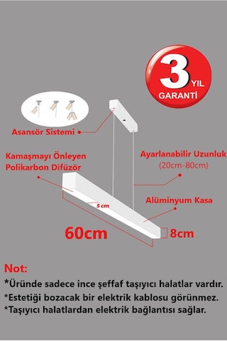 Linear 60cm Beyaz Kasa Ledli Sarkıt Modern Led, Salon, Mutfak, Ofis, Mağaza, Masa Üstü Led Avize Gün Işığı