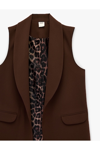 Koton Astarı Leopar Desenli Cepli Uzun Blazer Yelek Kahverengi 6sak20050uw Kahve