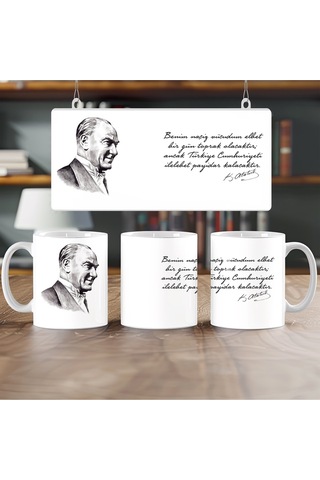 Atatürk Sözleri Ve Resmi Kupa Bardak - Mustafa Kemal İmzalı - '' Benim Naciz Vücudum '' Beyaz