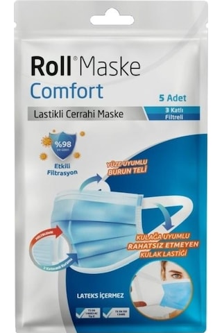 Roll Maske Comfort 3 Katlı Lastikli Cerrahi Maske 50 Adet