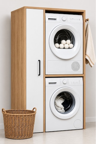 Rudu Noa Çamaşır Ve Kurutma Makinesi Dolabı, Banyo Dolabı 92x65x184 Cm 1 Kapaklı 5 Raflı - Meşe-beyaz Meşe - Beyaz