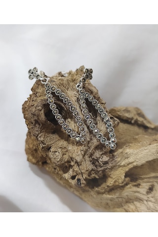 Firuze Gümüş Oyma Tasarımlı Gri Taşlı Gümüş Küpe F16001720