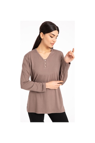 Kadın Orta Yaş ve Üzeri Dört Mevsim V Yaka Rahat Kalıp Likralı Viskoz Anne Penye Bluz 140-Vizon