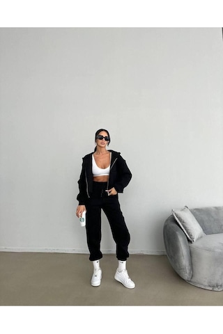 Düz Basic Hırka Eşofman Altı Jogger Alt Üst Takım - Siyah Fermuarlı Oversize Kapüşonlu Siyah