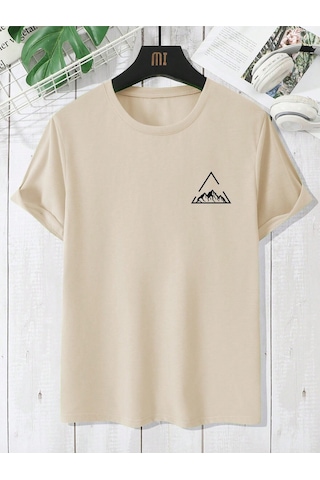 Üçgen Dağ T-shirt - Bej Baskılı Oversize Bisiklet Yaka Kısa Kol Tişört Bej
