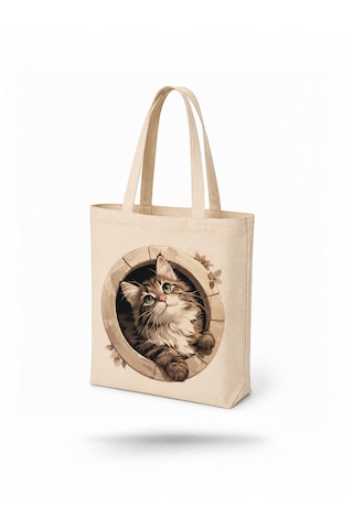 Lunora Collectıon Kedi Baskılı Körüklü Kanvas Bez Çanta Ham Renk