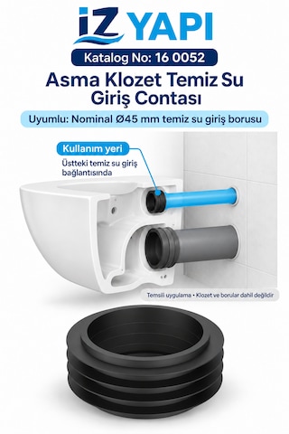 İz Yapı Asma Klozet Temiz Su Giriş Contası 45 Mm Kanatlı Gömme Rezervuar Boru Contası Siyah