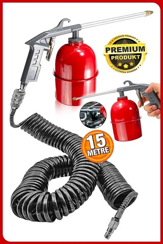 15 Metre Spiral Hortum Oto Araba Motortemizleme Mazot Tabancası Solvent Püskürtücü Jak Set