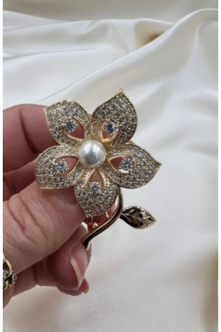 Bb Altın Kaplama İncili Çiçek Broş Altın - Beyaz