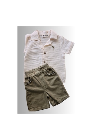 2'li Erkek Çocuk Krem Gömlek Yeşil Sortlu Takım-1358 Yeşil