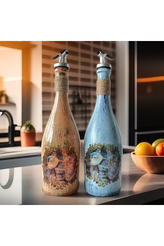 Desenli Sunum Stantlı 2'li 750 Ml Zeytinyağı Şişesi Yağdanlık