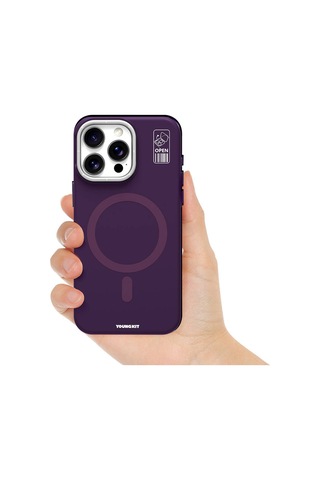 Apple Uyumlu iPhone 14 Pro Kılıf Magsafe Şarj Özellikli Kamera Standlı Silikon Youngkit Bitty Cream Kapak Mor