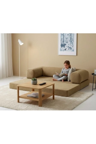 Herev 200x200 Cm 50 Dns Modüler Köşe Koltuk Fitilli Kadife Kumaş, Yatak Olabilen, Modern Tasarım Şark Köşe Bej