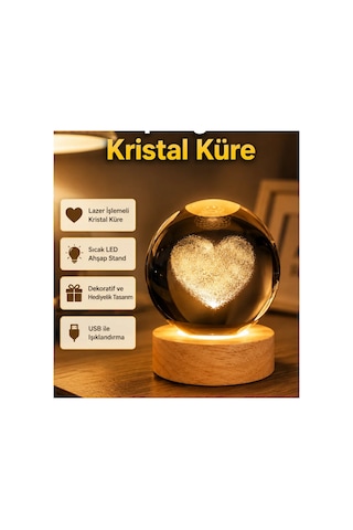 Kalp Figürlü Kristal Cam Küre Usb Işıklı Ahşap Tabanlı Dekoratif Obje