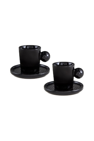 Jumbo Golf Line Siyah 2'li Tabaklı Kahve Fincan Takımı 90 Ml Siyah