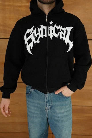 Valensdesign Erkek Kapüşonlu Sweatshirt Hoodie 3 İplik Şardonlu Pamuklu Kumaş, Önü Baskılı, Fermuarlı Rahat Kalı Siyah