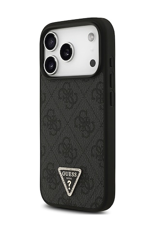 Apple iPhone Uyumlu 18 Pro Kılıf Guess Lisanslı M-safeli Pu Deri Taşlı Üçgen Logo 4g Desenli Strass Kapak Siyah