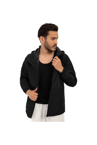 Riverstorm Erkek Siyah İçi Astarlı Kanguru Cepli Su Ve Rüzgar Geçirmez Kapüşonlu Cepli Yağmurluk Siyah