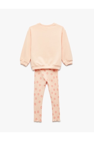 Koton Pamuklu Bisiklet Yaka Uzun Kollu Sweatshirt Ve Ribanalı Çiçek Baskılı Tayt Seti Pembe 6wmg10042ak Gül
