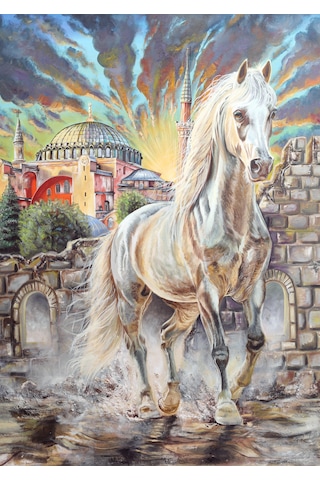 İstanbul Ayasofya Ve Beyaz At El Yapımı Akrilik Tablo 98x100 Cm