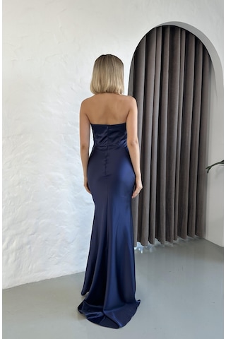 Straplez Saten Lacivert Uzun Abiye Lacivert