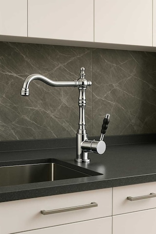 Rudi Armatür 360 Döner Gövdeli Pirinç Malzeme Gümüş Renk Rustik Eviye Bataryası Gri