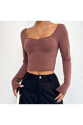 Hnxc Kadın Moda Günlük Yaz Düz Renk Baskı Uzun Kollu U Yaka Bluzlar Ve Gömlekler Koyu Kahverengi