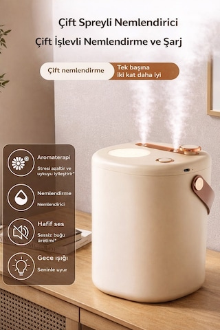 Exenar - Bej - Şarjlı Hava Nemlendirici 2 Litre Kablosuz Buhar Makinesi Led Işık Aroma Difüzörü Sesiz Nemlendirme