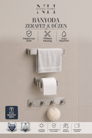 3'lü Set Paslanmaz Çelik Yapışkanlı Havlu Askısı , Tuvalet Kağıtlığı Ve 4'lü Askılık Havluluk Krom