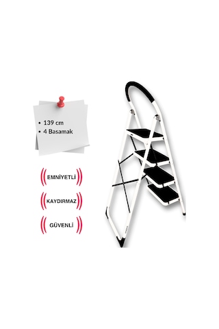 Çelik 4 Basamaklı Geniş Basamak Ev - Ofis Tipi Merdiven - Tutacaklı