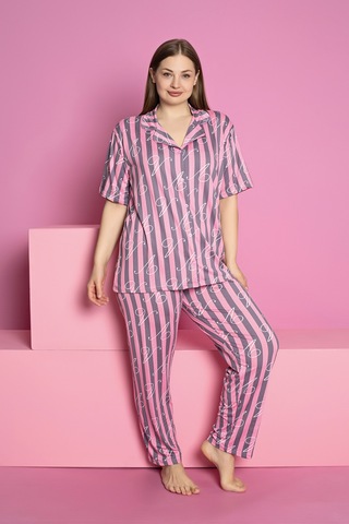 Rindahomewear Kadın Büyük Beden Milan Örme Düğmeli Kısa Kol Çizgi Desenli Pijama Takımı Pembe