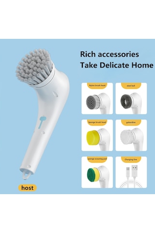 Sones Çok İşlevli Elektrikli Temizleme Fırçası El Tipi Mutfak Bulaşık Fırçası 5 Yedek Başlıklı Beyaz